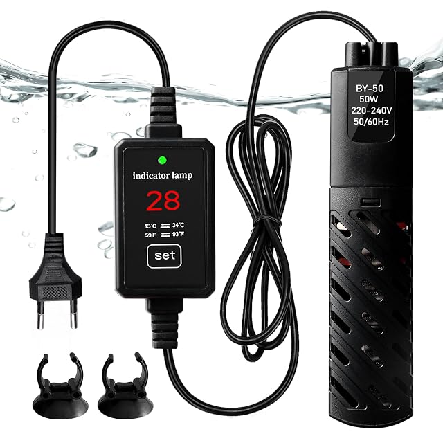 BORDEAG 50W Mini Aquarium Heizstab Quarzrohr, Digital Aquariumheizer, Intelligenter Aquarium HeizController