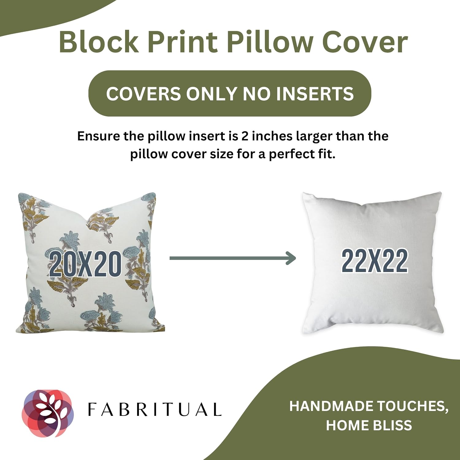 Thick Cotton White 20x20 Inch Handmade Block Floral Print Throw Pillowcase Cushion Cover Boho Home Décor Office, Outdoor, Bedroom (Abhishek-Light Green)