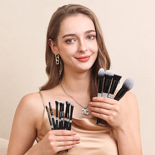 Miniatura 9 de Bueart Design Juego de 16 brochas de maquillaje con diamantes de imitación y diamantes de imitación para cabello denso ultra suave y denso con base