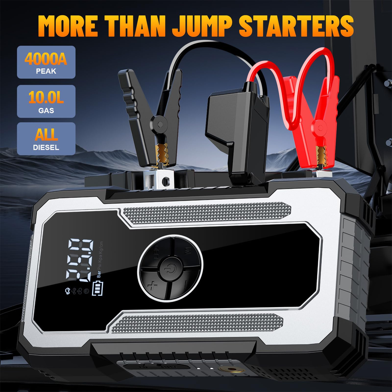 Arrancador de coche de 12 V de corriente de 4000 A con pantalla digital, compresor de aire, fuente de alimentación USB, sistemas de iluminación de emergencias, arrancador de batería de coche con