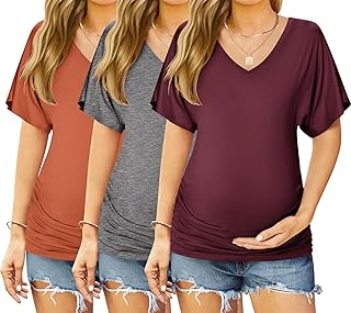 Ekouaer 3 Pack Maternity Shirts V Neck Dolman Sleeve Side Ruched Pregnancy Tops Tunic Blouse Burgundy/Brick Red/Grey Lar