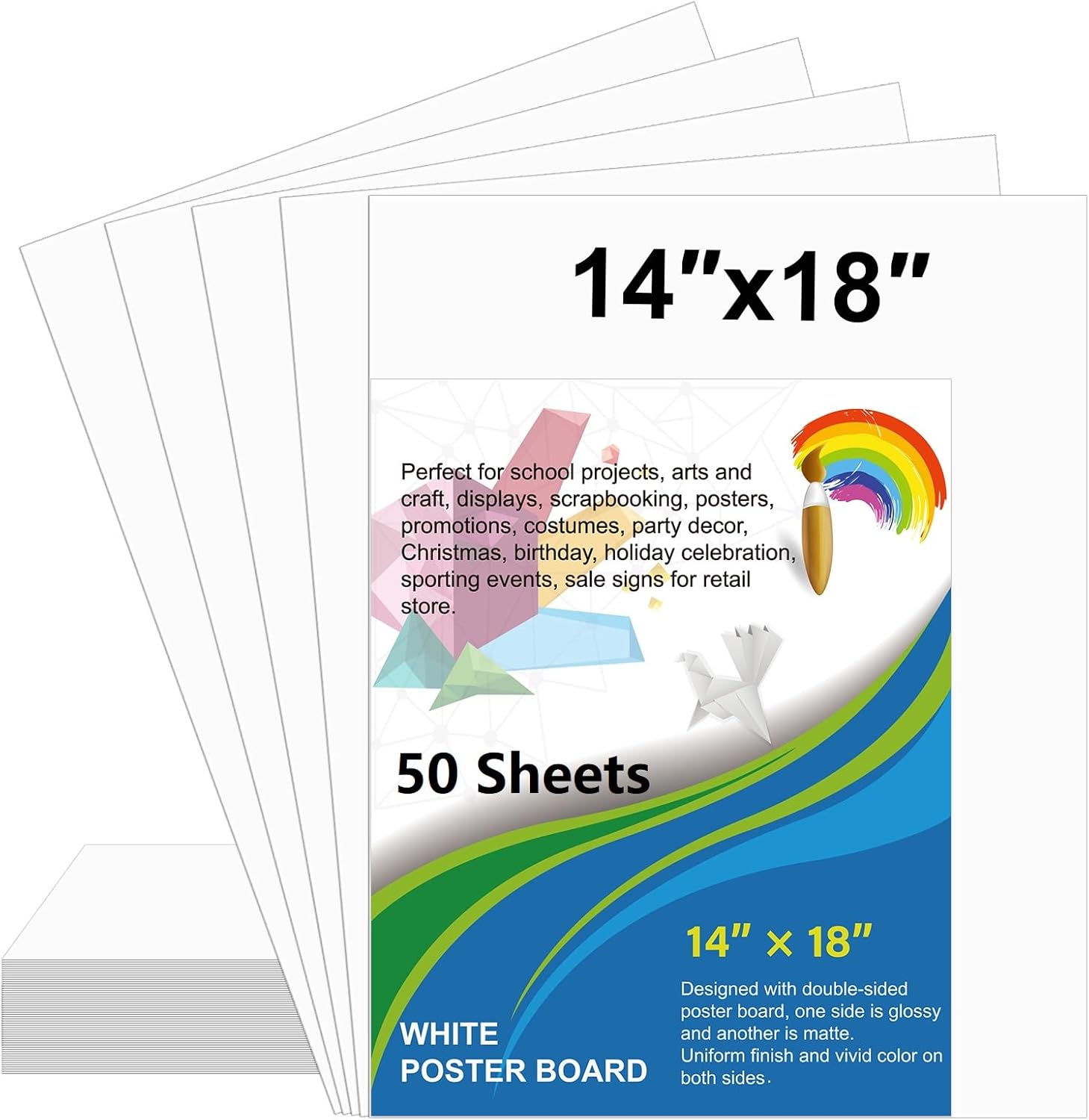 50 Pcs White Poster Board Paper 14x18, ROOKEA Blank Graphic Display Vision Boards Bulk for School Arts Classroom Crafts Projects Presentations Drawing Scrapbooking