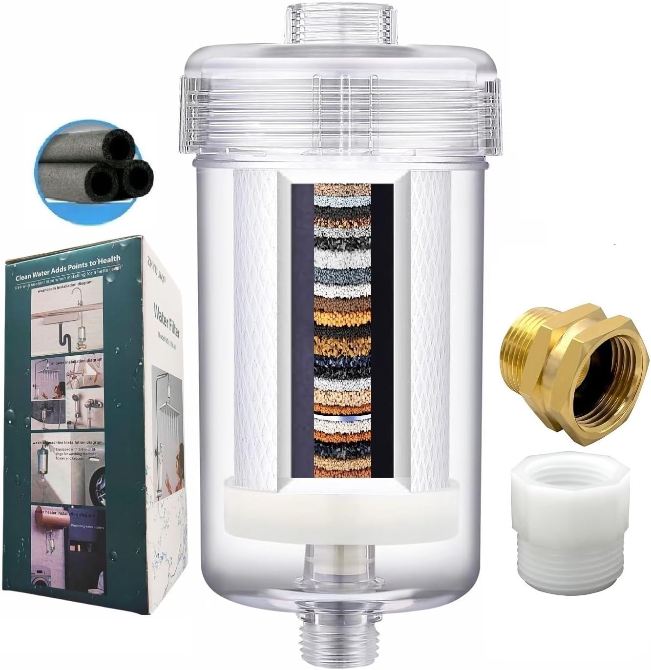 1 Micron Washing Machine Water Filter, Washer Water Filter System, For Washing Machine, Shower, RV, > 99.5% Removal of Chlorine Fluoride, Heavy Metals, Odor, Reusable Carbon Shower Filter