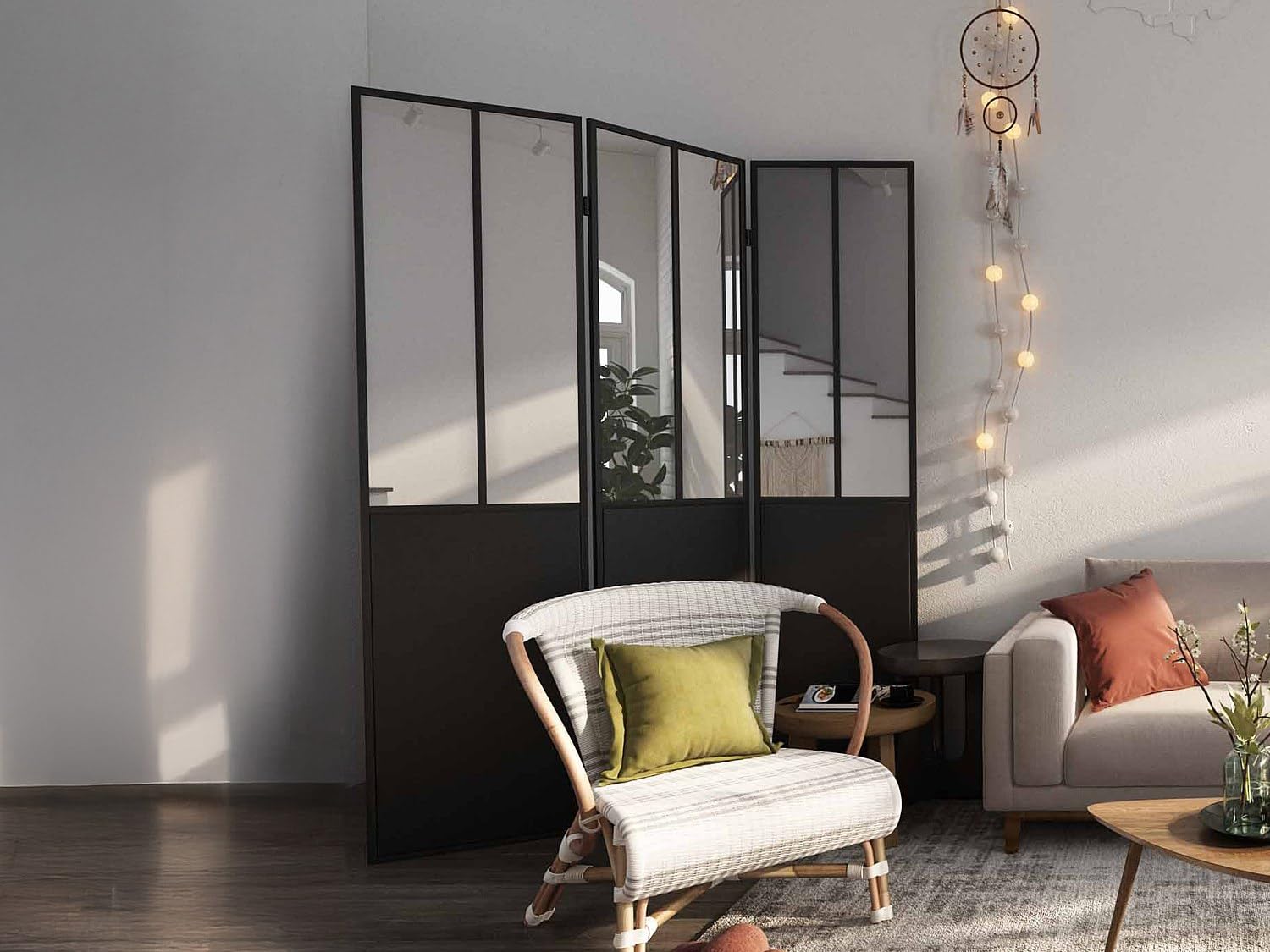 Vente-unique - Paravent Miroir Atelier Industriel 3 pans - Métal - H. 180 x L. 122 cm - Noir - Coventry