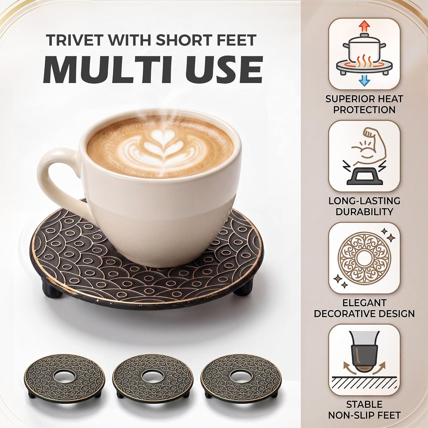 LEIFIDE 4 Pcs Small Cast Iron Trivet 5.2 Inch Round Metal Trivet with Retro Patterns and Rubber Pegs Rustproof Heavy-duty Not Slip Trivets for Hot Dishes Pots and Tea Pans Kitchen Counter Dining Table