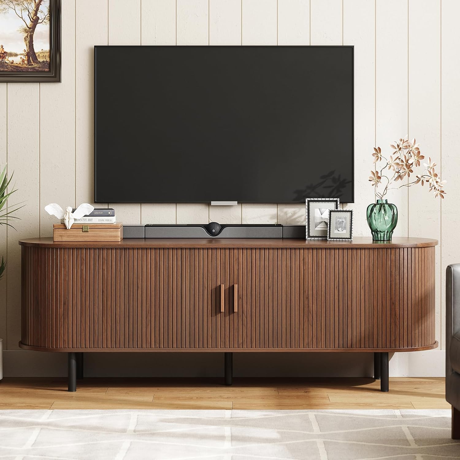 ONBRILL 63" TV Stand with Power Outlet for TVs up to 70 Inch, Entertainment Center with Storage and Adjustable Shelves, Modern Media Console with Sliding Doors for Living Room, Walnut