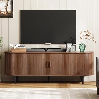 ONBRILL 63" Mid-Century Modern TV Stand with Power Outlet, Sliding Doors & Adjustable Shelves for TVs up to 70" - Walnut Media Console