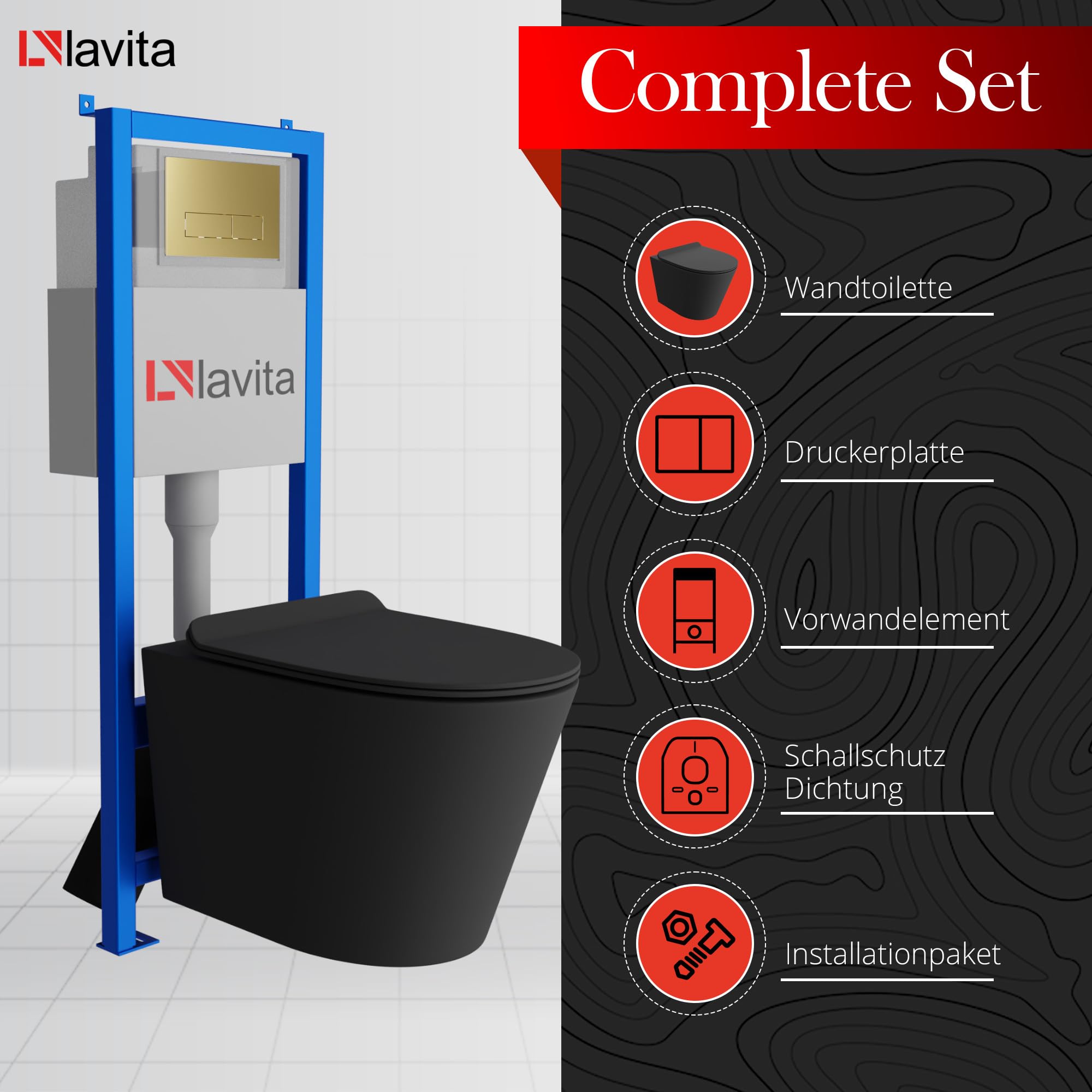 Lavita LAV 101 Vorwandelement für WC 40cm + Wand Hänge Tiefspül WC GALVE Schwarz Spülrandlos + Bedienplatte LAV 200.3.5 Gold | Komplettset | Unterputz Spülkasten | Toilette Komplett Sett