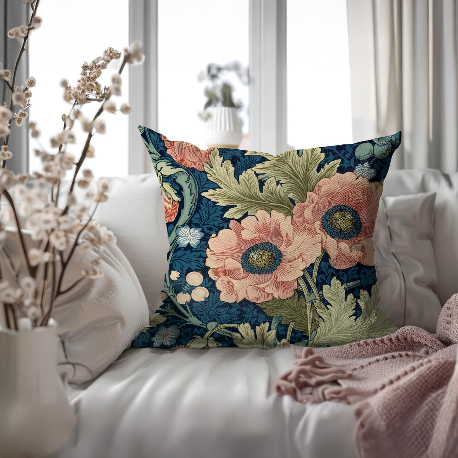 Vintage Floral Dragonfly Throw Pillow Cover 18x18 - William Morris Inspired Botanical Farmhouse Decor | Indoor Outdoor Cushion Case for Sofa Couch Bed Living Room Bedroom Home (Pink-Flower) image 5