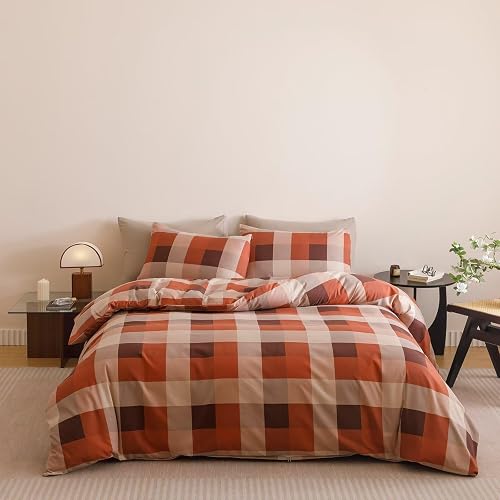 Houseri Red Plaid Comforter Set California King Vintage Grid Bedding Sets