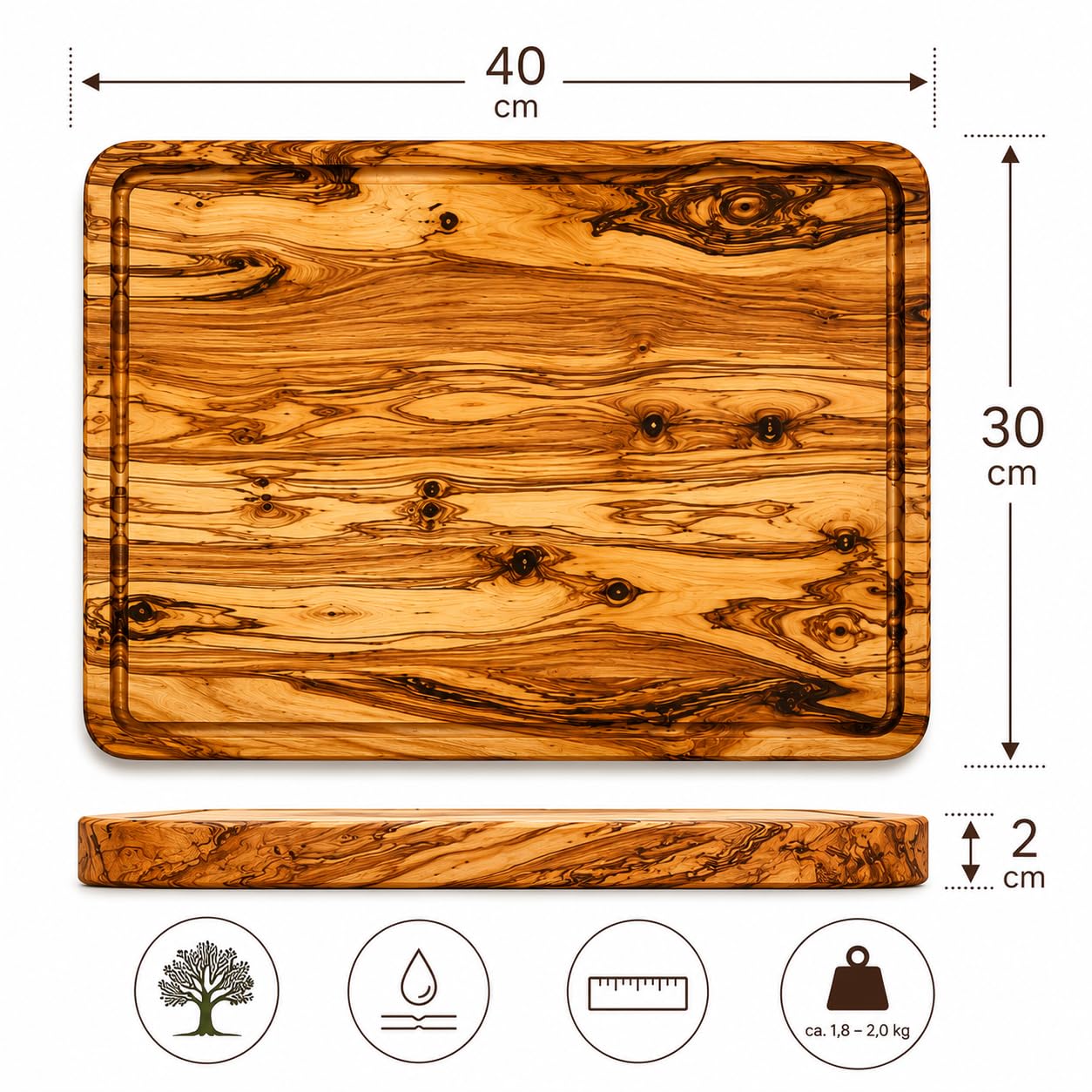 Deska do krojenia z drewna oliwkowego 40 x 30 x 2 cm – deska z litego drewna z rowkiem na sok – deska do serwowania, krojenie i deska do krojenia – dwustronna