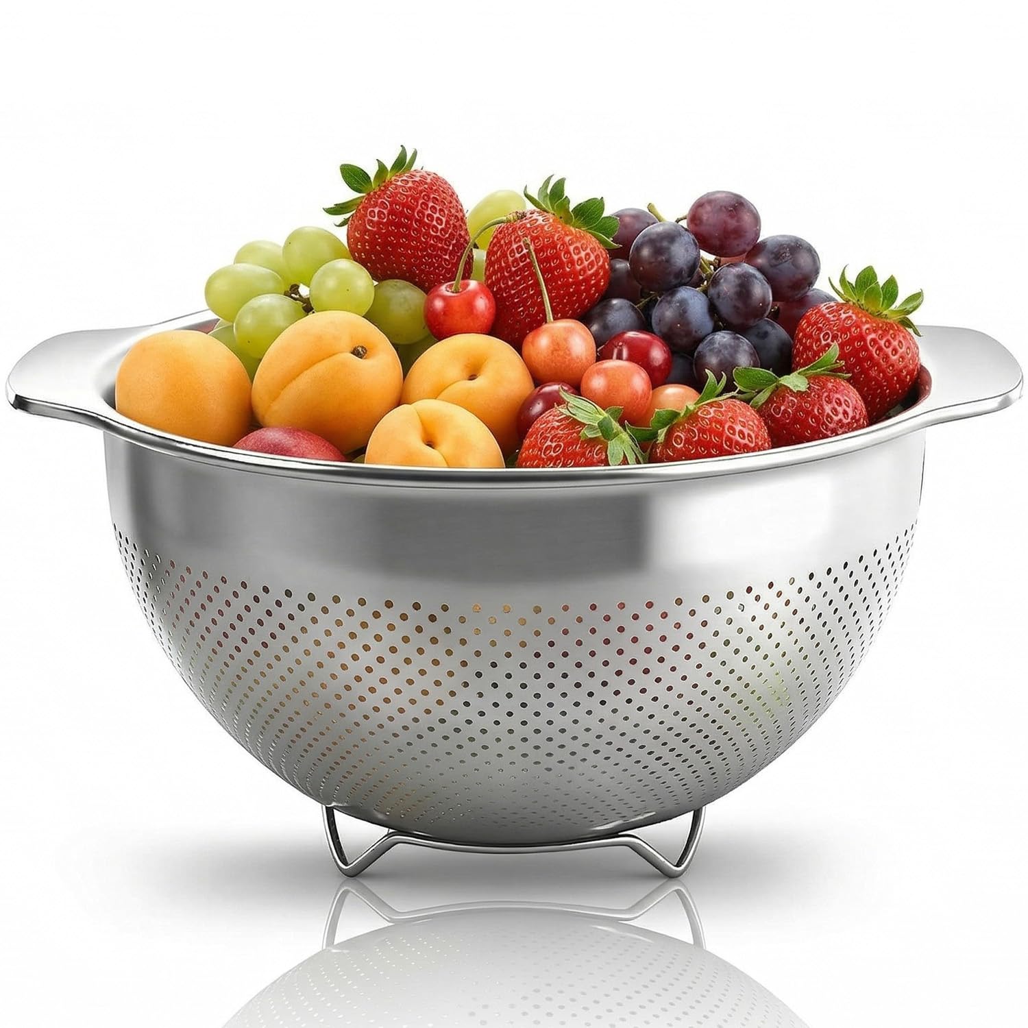 Exquilnova Stainless Steel Rice Strainer,Sturdy Base Colander for Kitchen,Pasta Strainer with Wide Handle,Sieve Stainless Steel for Cleaning Fruits,Beans,Vegetables,Kitchen Accessories(25CM)