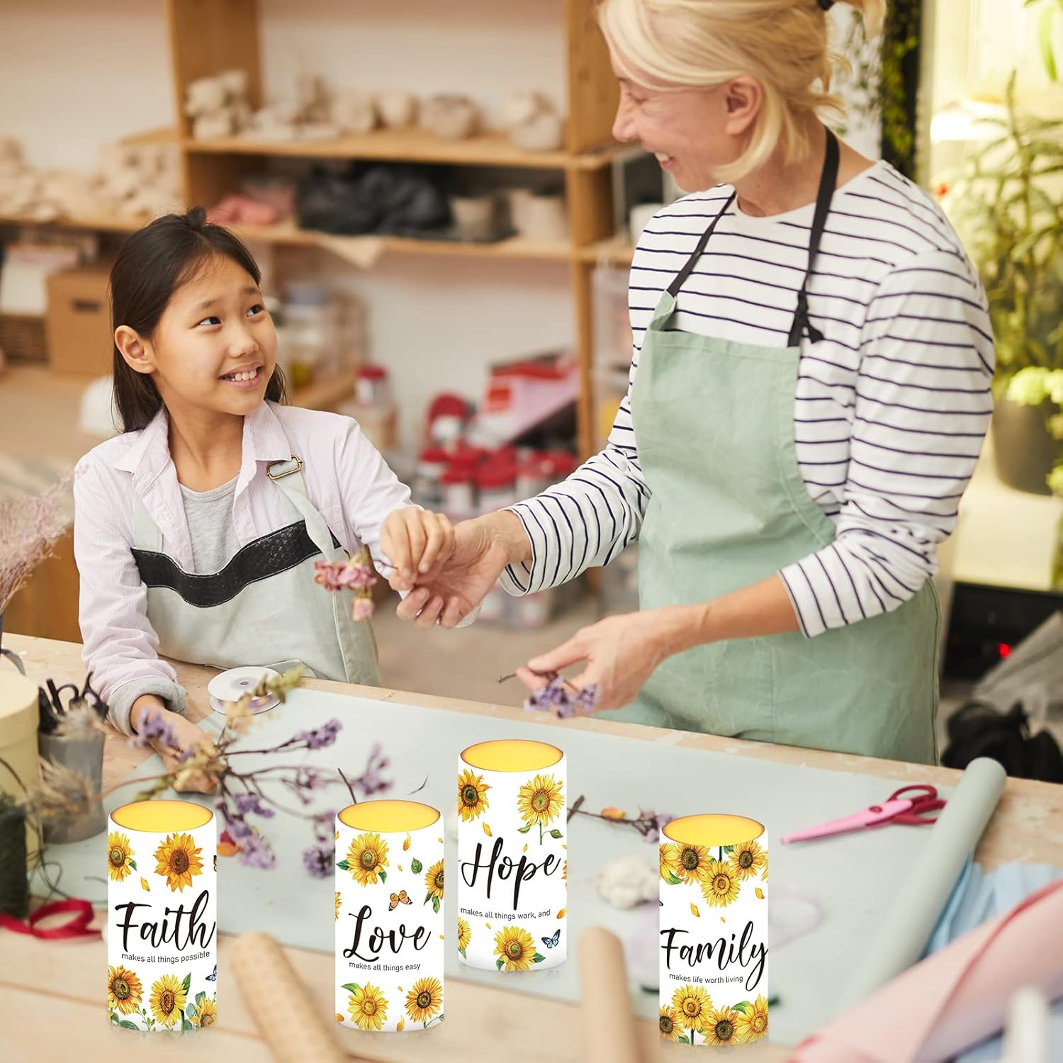 Tiamon Sunflower Flameless Candles LED Love Hope Faith Candles Battery Operated Yellow Floral Flickering with 18 Key Remote Timer Pillar for Summer Holiday Table Decorations