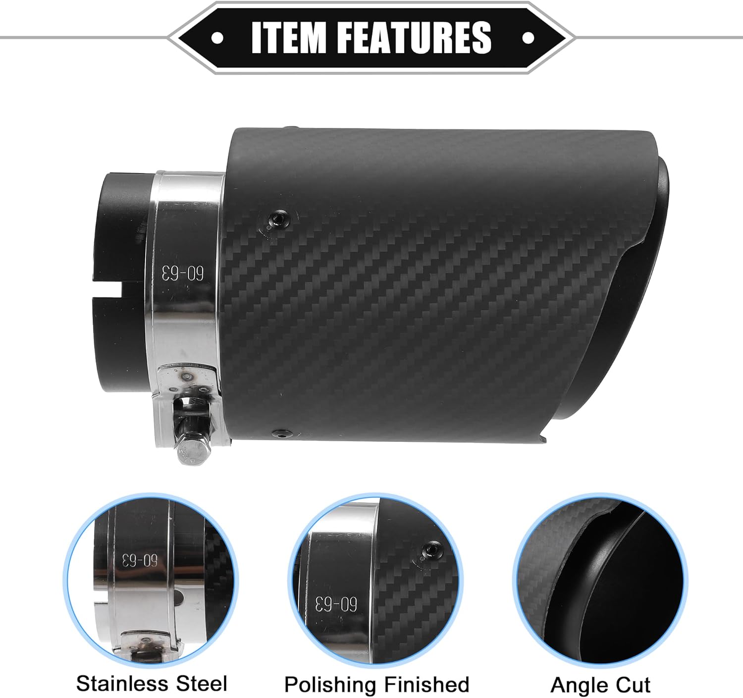 Car Exhaust Tip Tail Pipe, 2.4 Inch Inlet 3.7 Inch Outlet 6.3 Inch Length Universal for Exhaust Rear Muffler Tip Anti-Corrosion Stainless Steel Carbon Fiber Pattern Matte Black