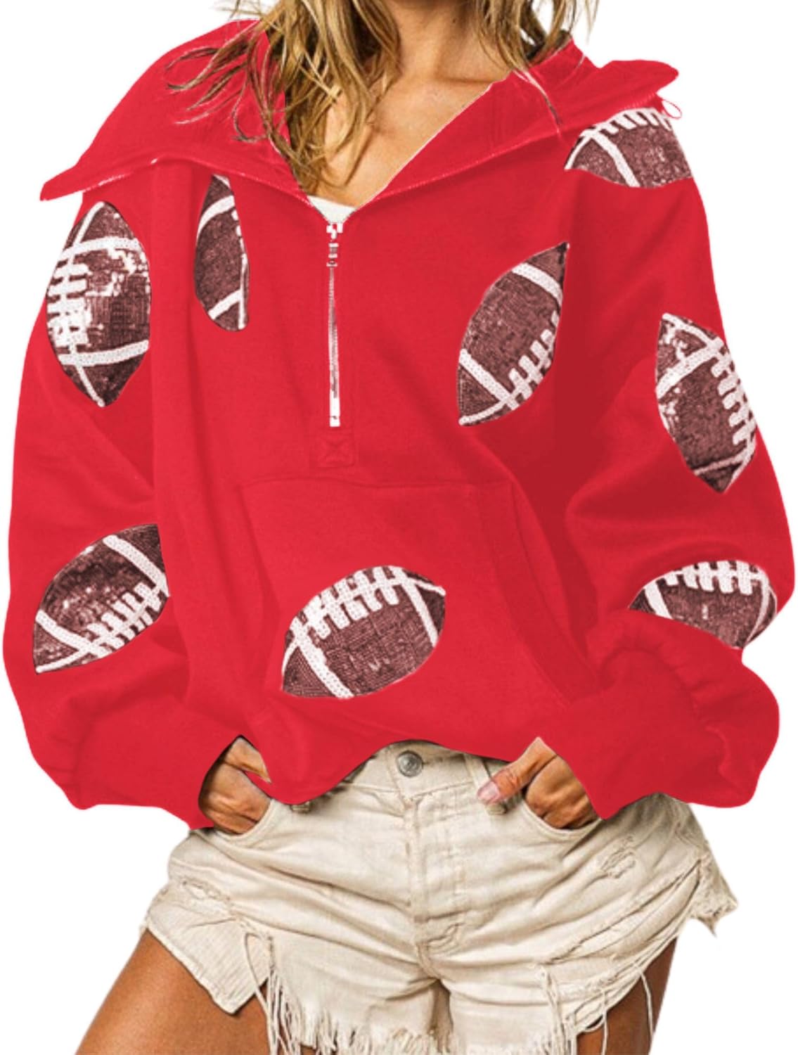 Xunger Women's Football Sequin Hoodie Half Zip Long Sleeve Rugby Patches Game Day Hooded Sweatshirt - Image 2