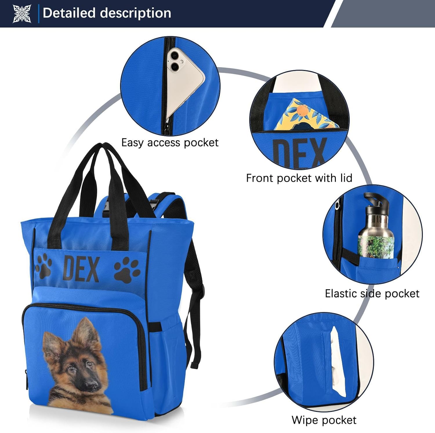 Emelivor Custom Navy Blue Diaper Bag Dog Backpack Large Capacity Travel Diaper Bags Travel Diaper Bag Backpack with Stroller Straps for Newborn Essentials