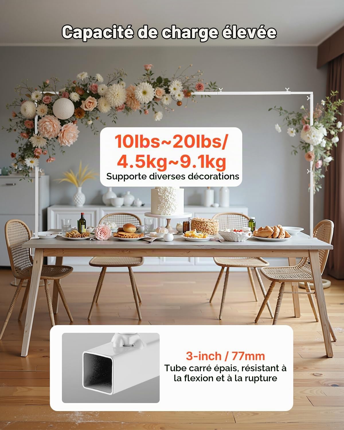 VEVOR Support Tige de Table avec Pinces, Support Arche de Table, Hauteur Réglable 330-1066,8 mm Longueur Réglable 711,2-2489,2 mm, Cadre Arche Métal, pour Déco de Mariage, Anniversaire, Noël, Blanc