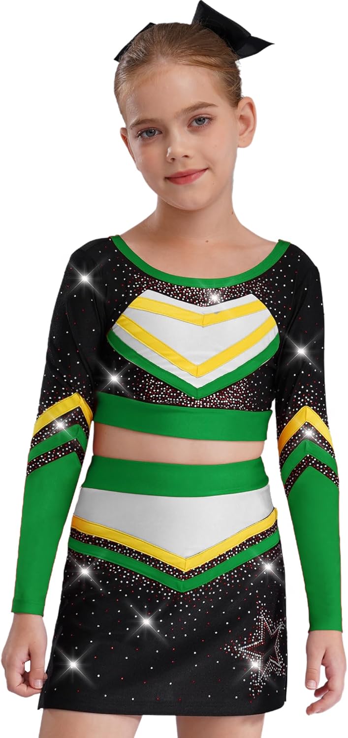 Girls Cheerleading Uniform Cheer Leader Outfit Halloween Cosplay Themed Party Dance Performance Top with Skirt Green 12 Years