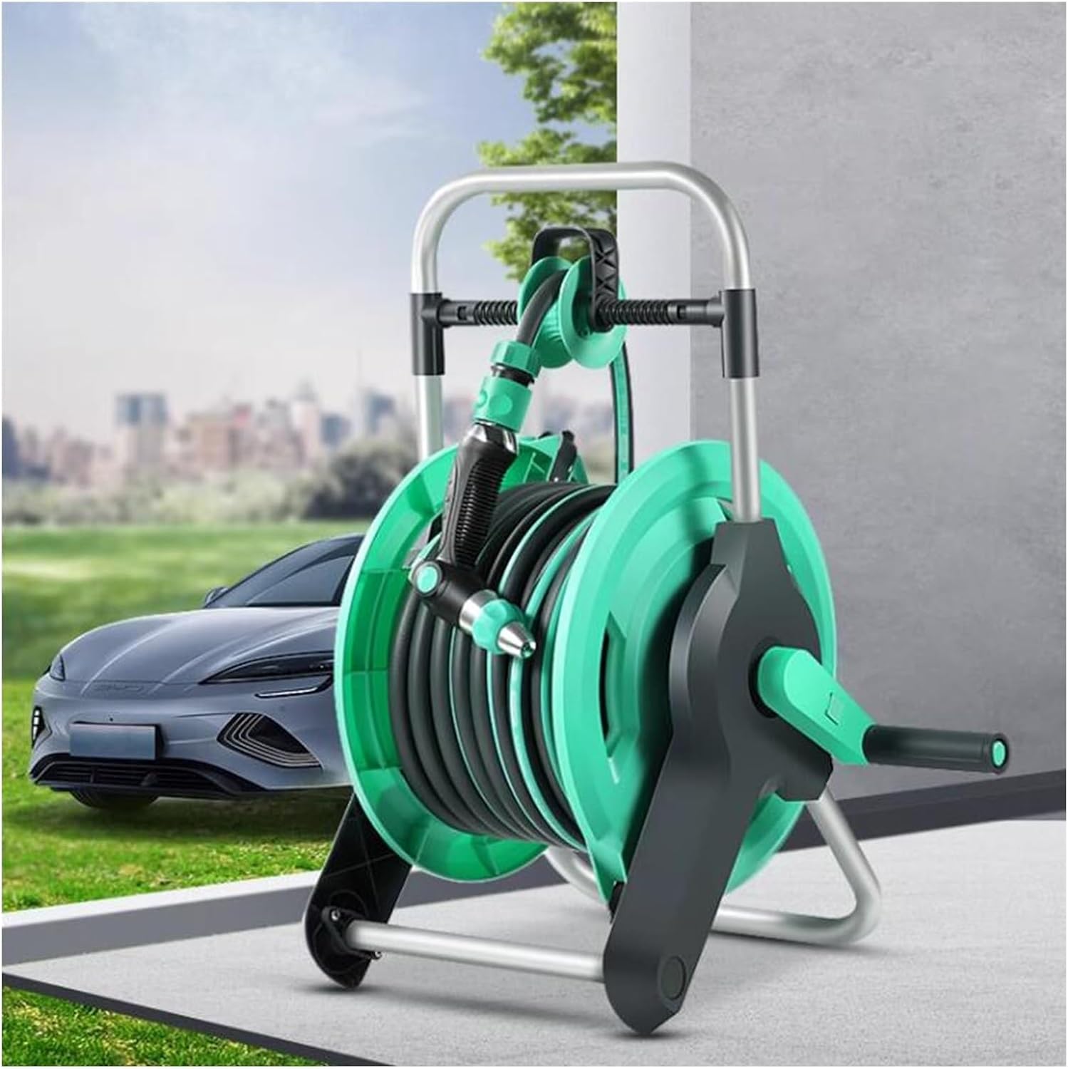 Garden Hose Cart, Portable Hose Reel Storage, Outdoor Car Cleaning, Bathing, Pet Handle, Water Pipe Bracket Cart (Green 15m)