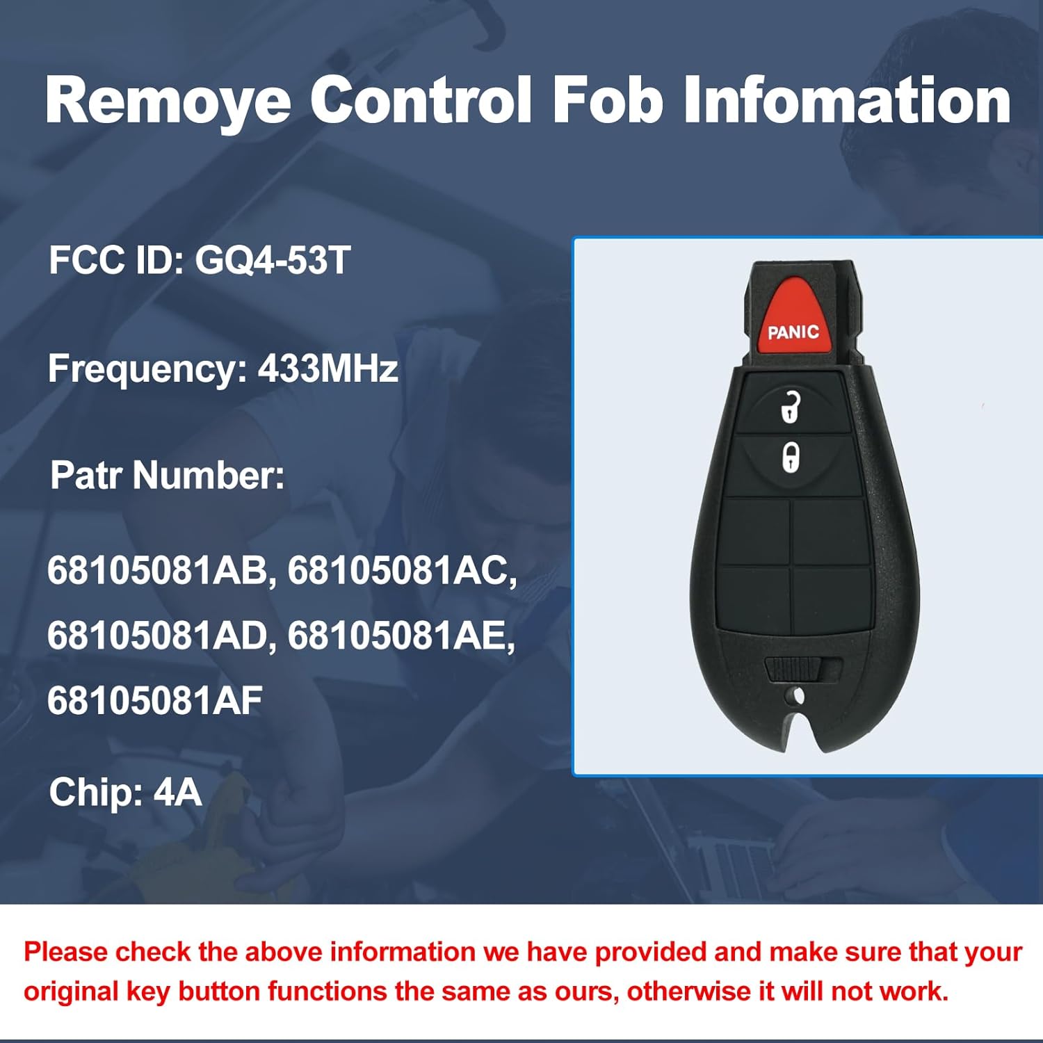 DIY Key Fob Replacement Kit Fits for Jeep Cherokee 2014 2015 2016 2017 Keyless Entry Remote Control Replace FCCID: GQ4-53T with Interchangeable 4 Button 4A Chip 433MHZ