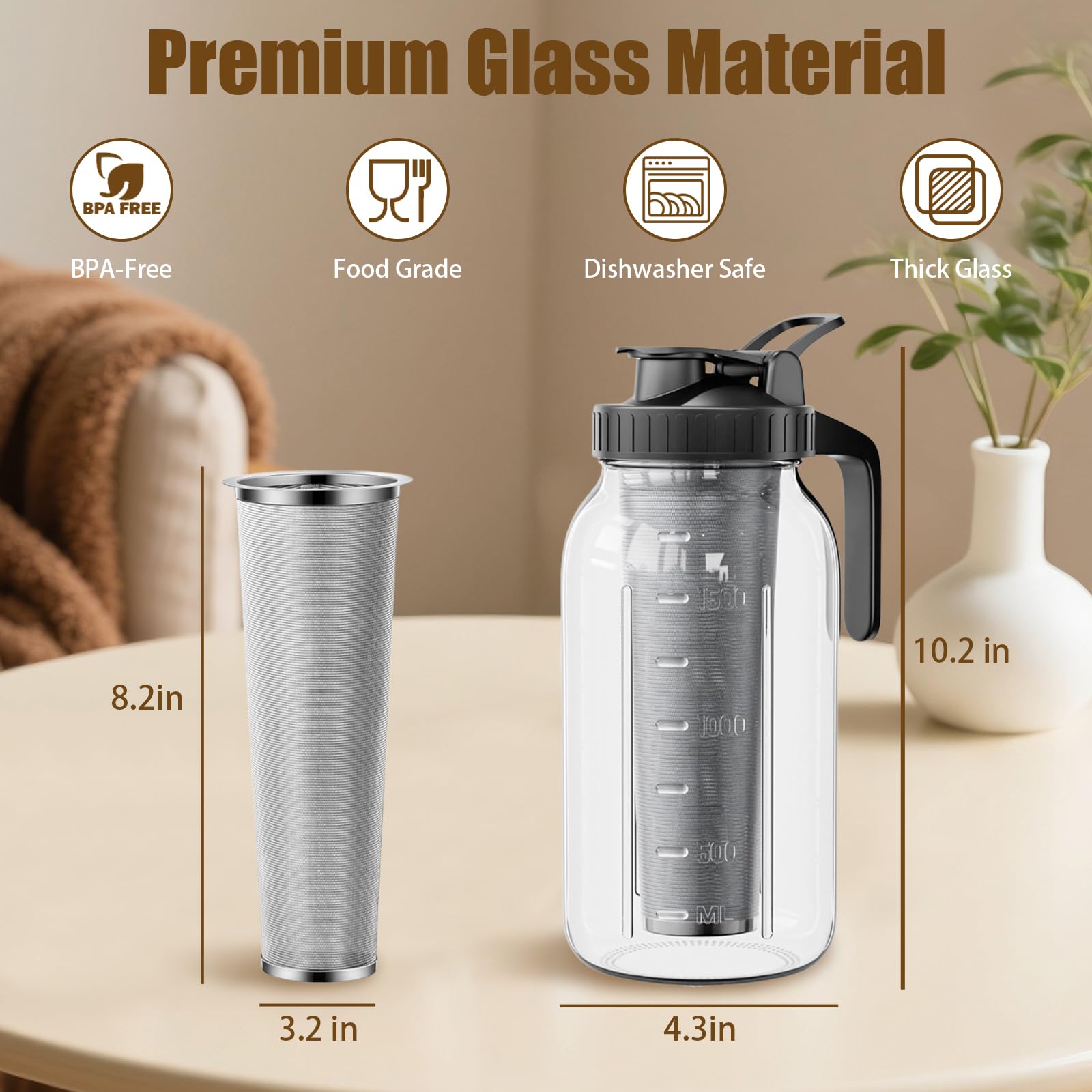 Cafetière à infusion froide 2 L en acier inoxydable pour café glacé et thé glacé