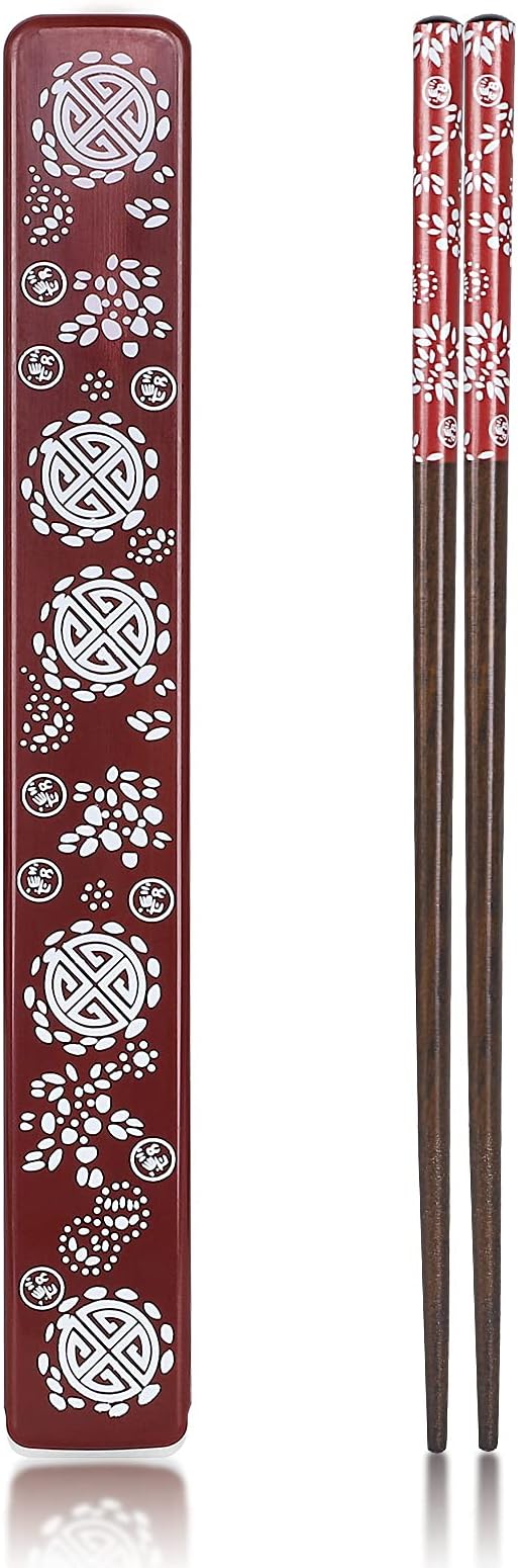 Youda Chopsticks Reusable Japanese Natural Wood Chopsticks 1 Pair with Case, Portable and Dishwasher Safe (Red)