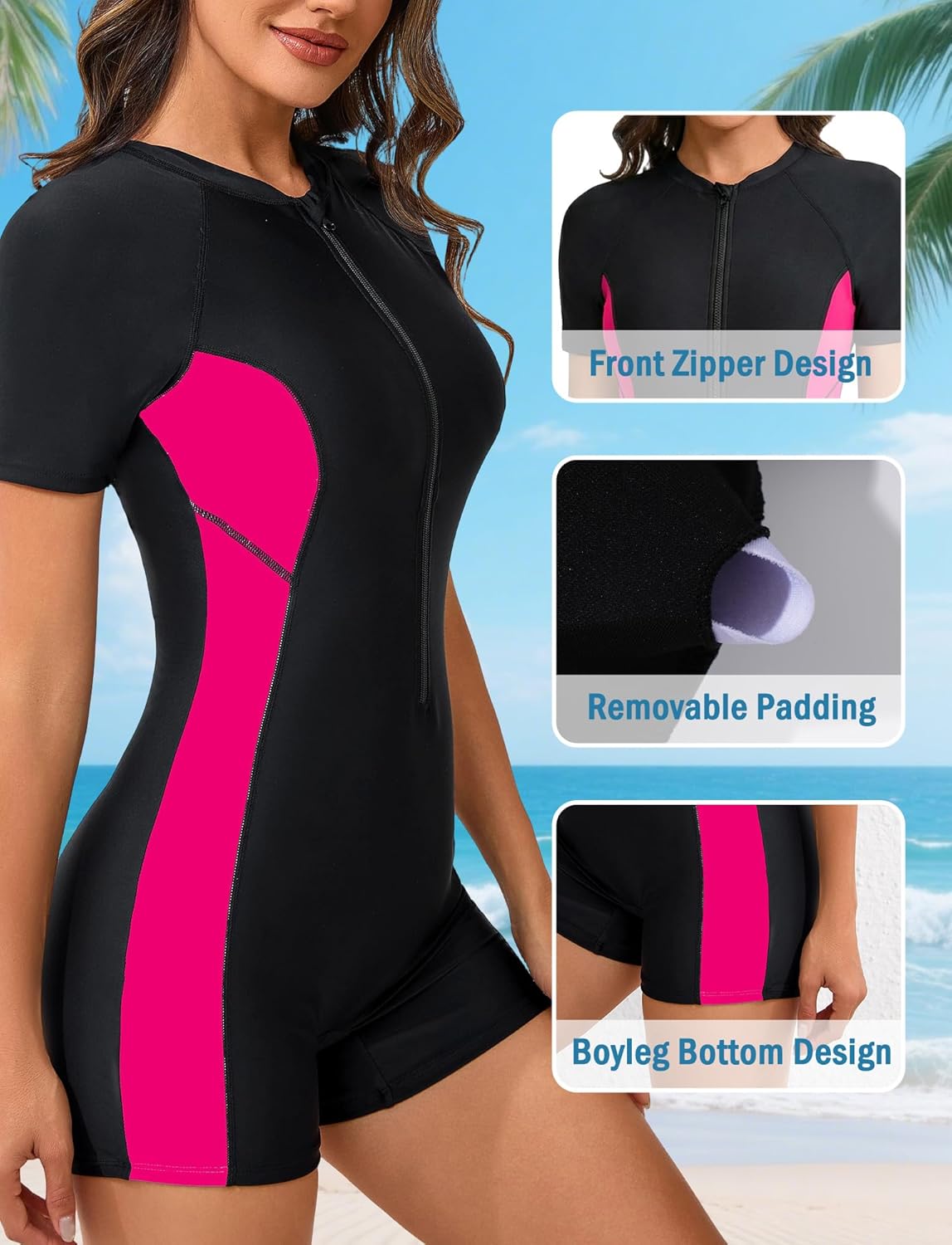 Women's One Piece Short Sleeve Swimsuit UPF 50+ Rash Guard Zip Front Bathing Suit with Built in Bra - Image 3