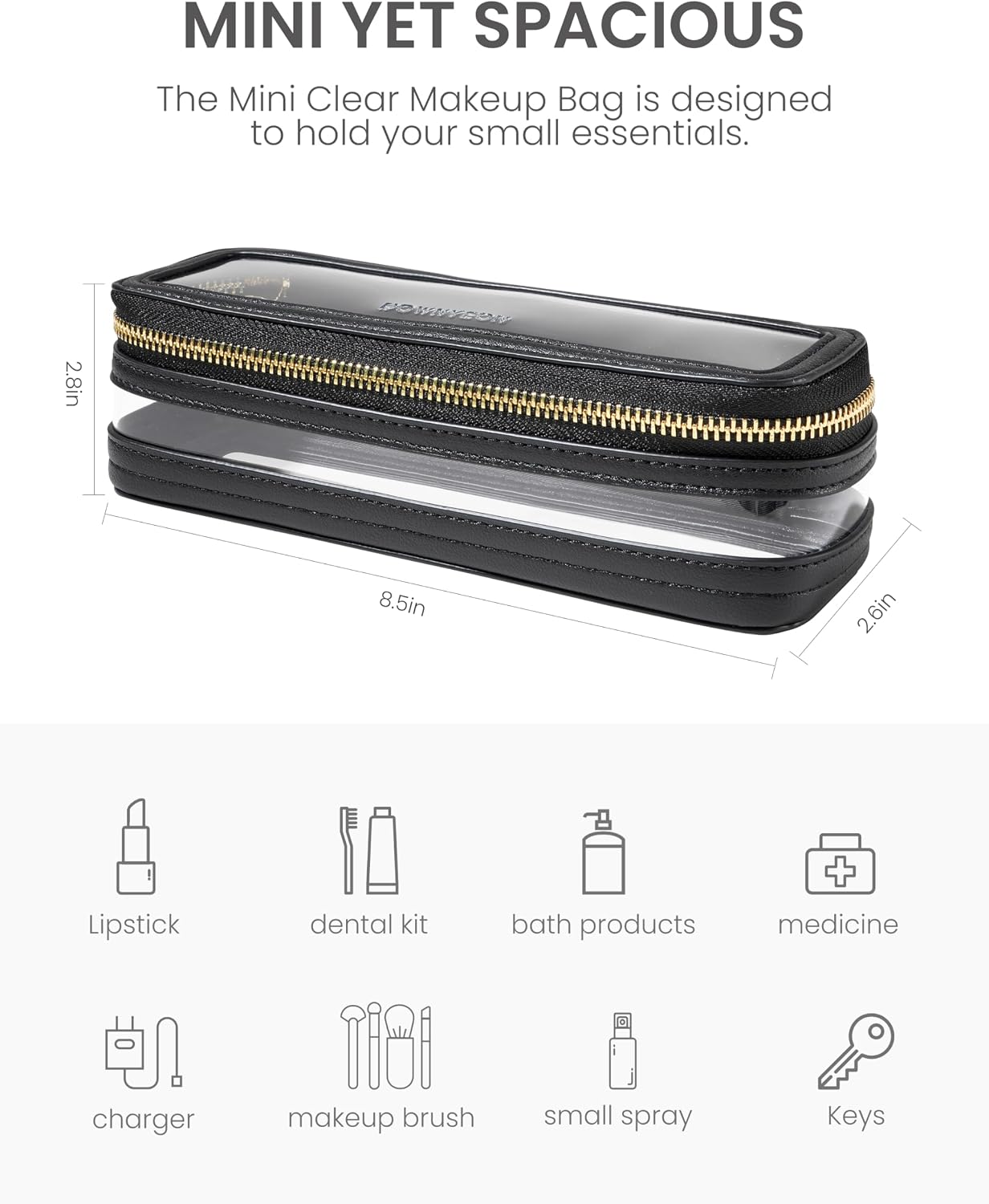 ROWNYEON Small Waterproof Toiletry Organizer Train Case, CLear Travel Makeup Bag for Women，Transparent Cosmetic Bag，Portable Makeup Case Organizer (black)