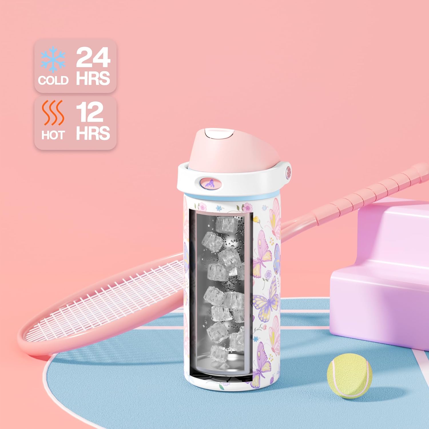 POWCAN 18 oz Insulated Water Bottle: 2-in-1 Push-Button Spout & Quick-Flip Straw Lid, Leakproof, Cold 24Hrs, Fits Car Cup Holder, Stainless Steel Bottle for Sports, Travel, School (Butterfly Garden) - Image 3