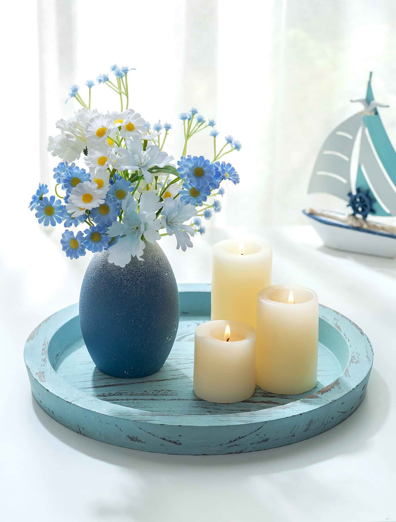Hanobe Round Wood Candle Holder Tray, Ocean Blue Coastal Coffee Table Decor Rustic Tealight Pillar Candlestick Plates for Modern Farmhouse Living Room Kitchen Decor