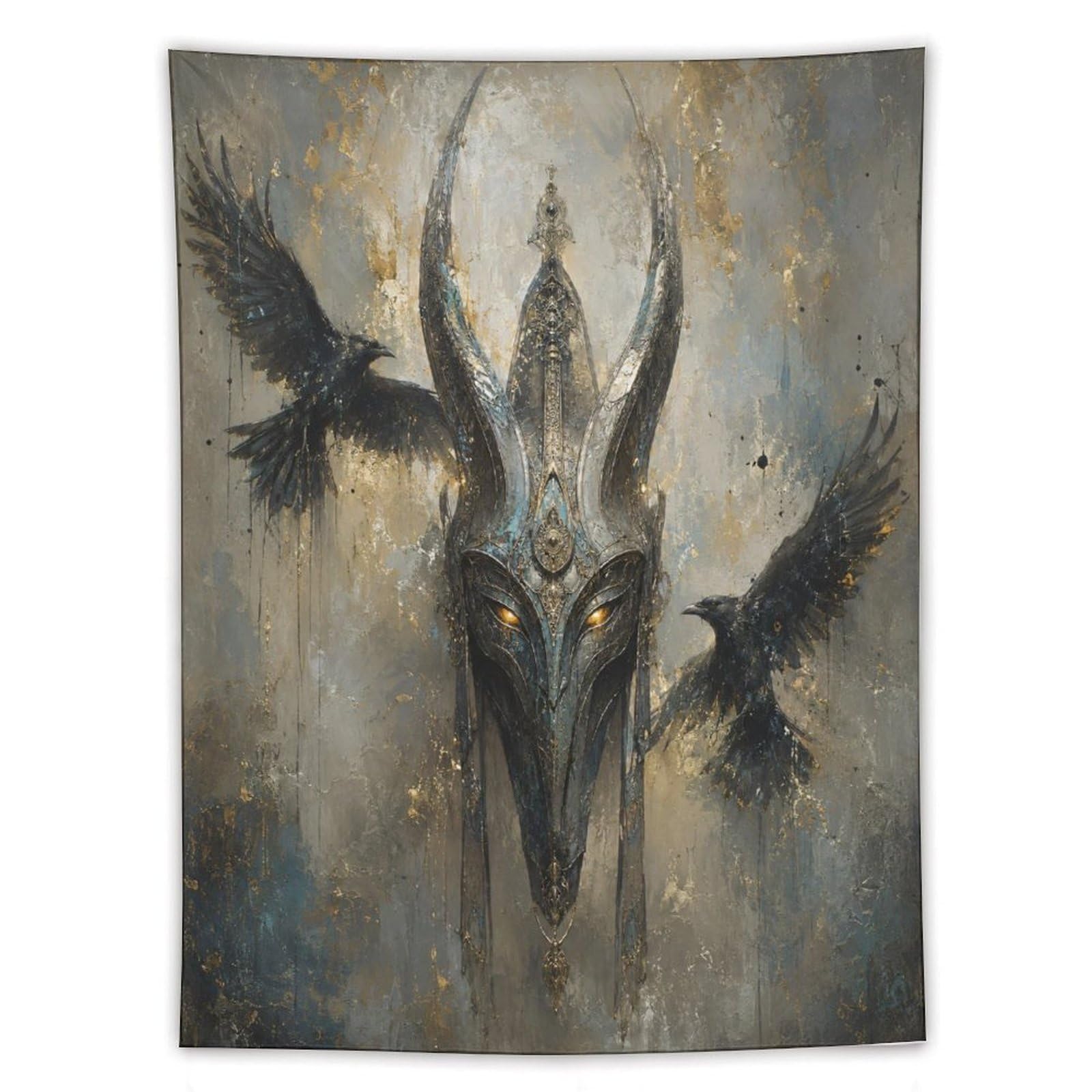 W7C8U2X3 Viking Helmet Raven Flight Wall Tapestry, Ancient Saga Mood