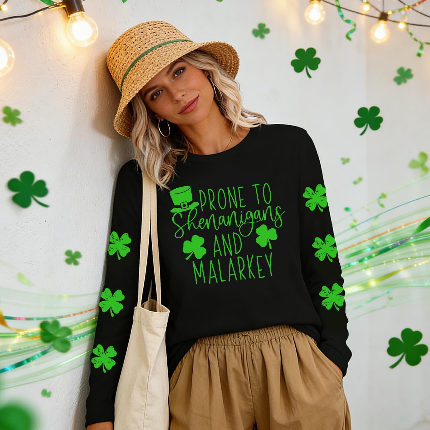 MAIHUN St Patricks Day Shirt for Women Lucky Shamrock Long Sleeve Tshirt Saint Patricks Day Green Clover Tee Top - Image 3