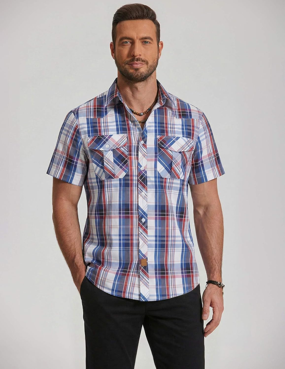 COOFANDY Men Short Sleeve Button Down Shirts Casual Work Shirts for Mens Plaid Shirt Western Cowboy - Image 2