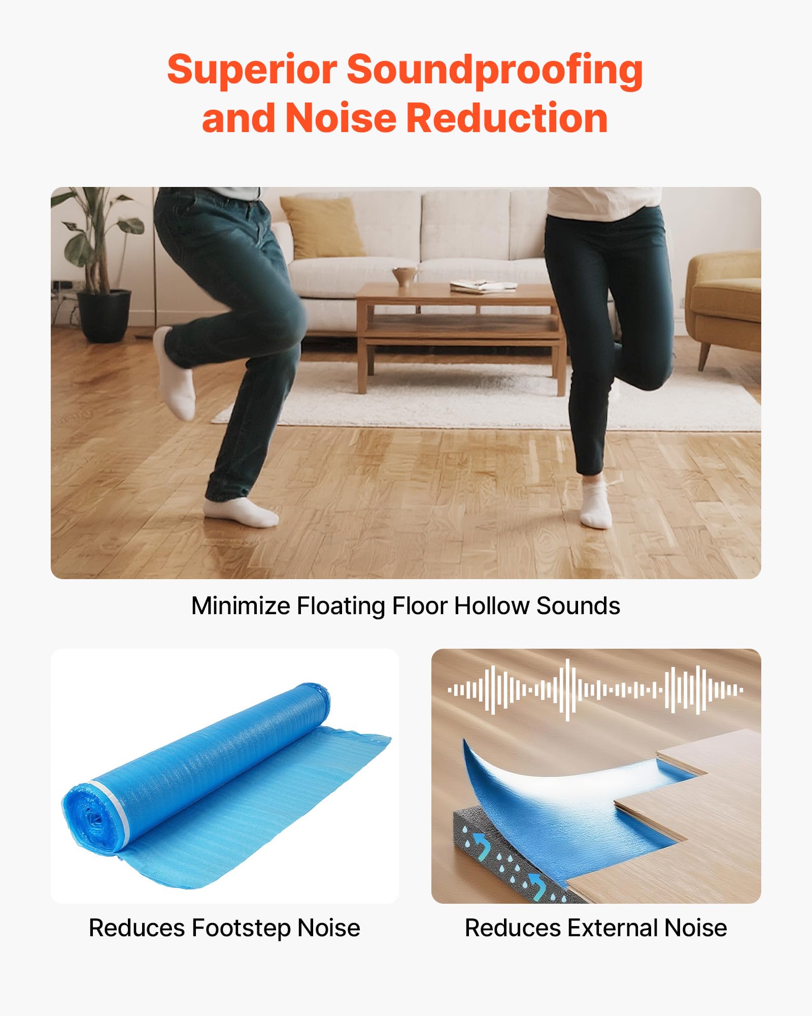 VEVOR Trittschalldämmung, 55,8 m², 3-in-1 2 mm dicke Dämmungunterlage mit Klebeband & Dampfsperre, EPE-Schaum mit blauem PE, Schalldämmung & Geräuschreduzierung, für Laminat-Holzböden, 6 Stk.