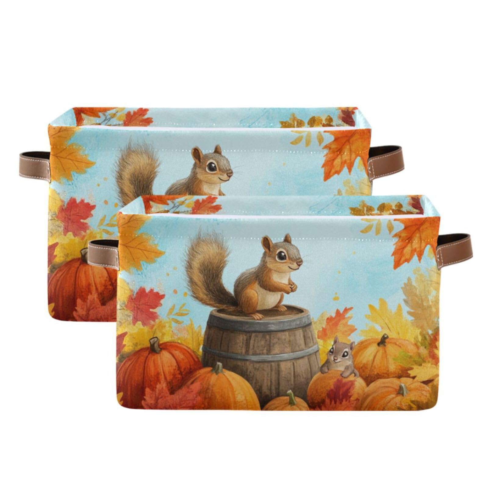 Aslsiy Storage Basket Fall Squirrel Pumpkins Maple Nursery Bins Blue Sky Baby Box Canvas Clothes Shelf Basket Laundry Hampers 2 Pcs