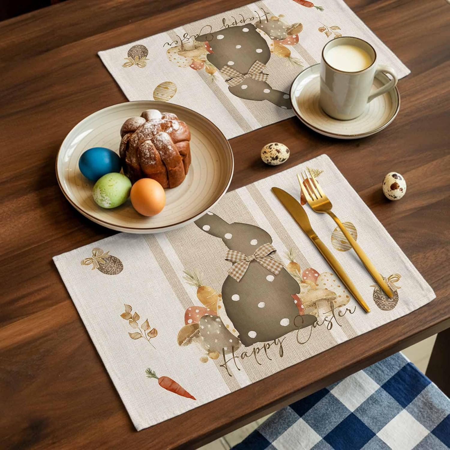 Happy Easter Placemats Set of 4, Bunny Eggs Placemat for Dining Tableations, Washable Cotton Linen Carrot Beige Place Mats, Spring Table Mats for Kitchen Dinner Seasonal Holiday Party Decor