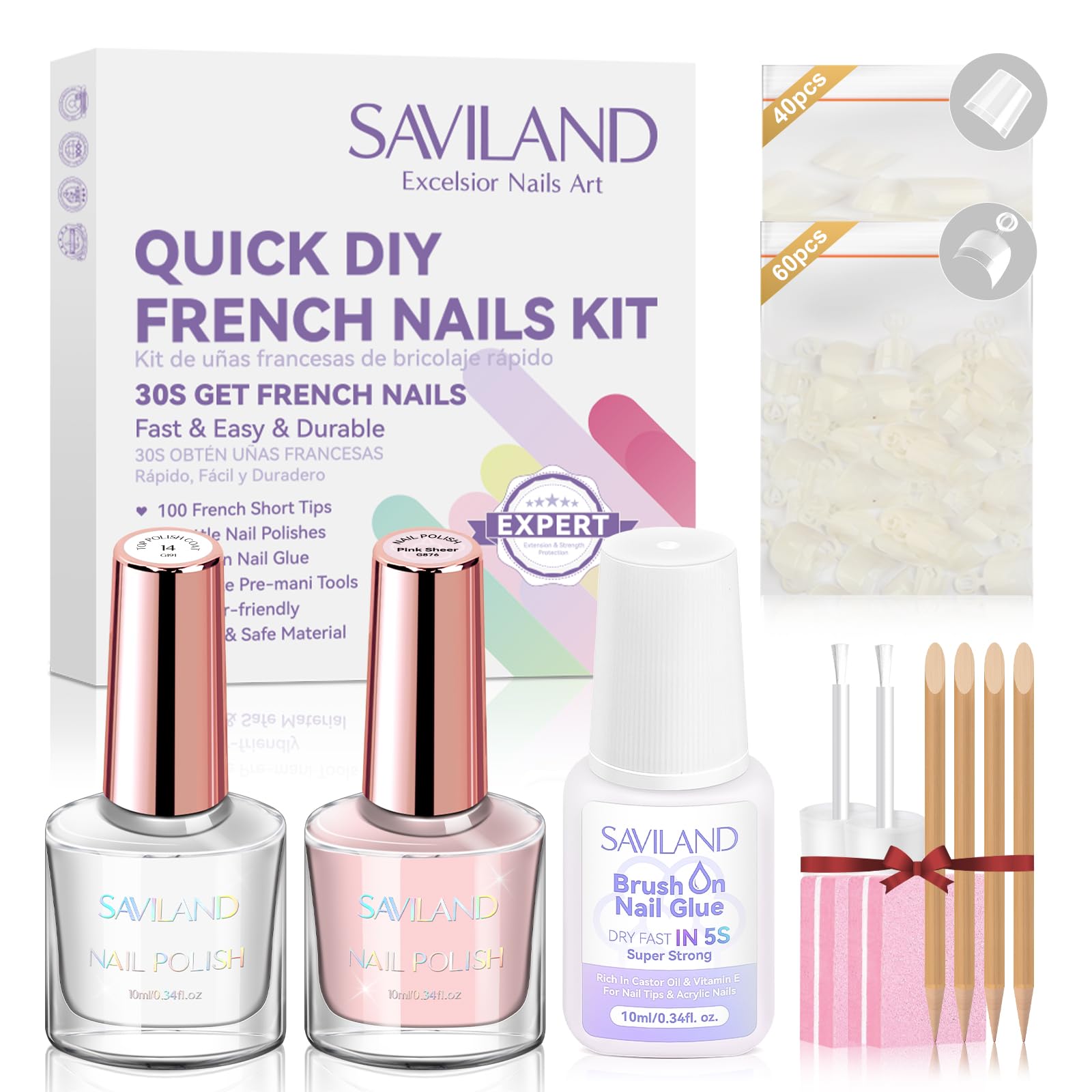 Saviland Kit de uñas francesas de gel para manicura francesa, juego de 100 puntas de uñas francesas para manicura francesa, con esmalte rosa transparente y brillante, 100 unidades