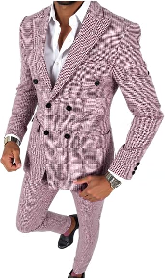 Solove-Suit Mens 2 Pieces Suit Casual Double Breasted Fashion Plaid Tuxedos for Wedding GroomsmenBlazer+Pant