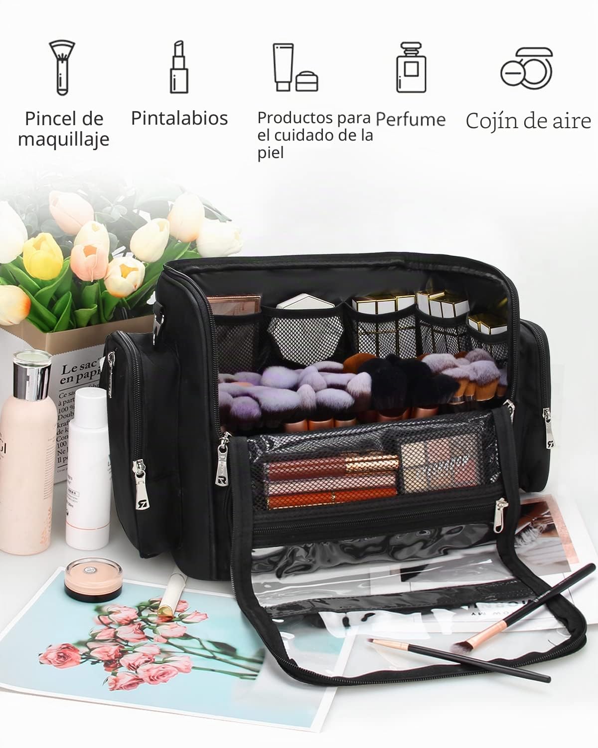 Relavel Bolsa para Pinceles de Maquillaje - Estuche Negro de Gran Capacidad - Bolsa Cosmética de Viaje y Organizador con Divisores Ajustables