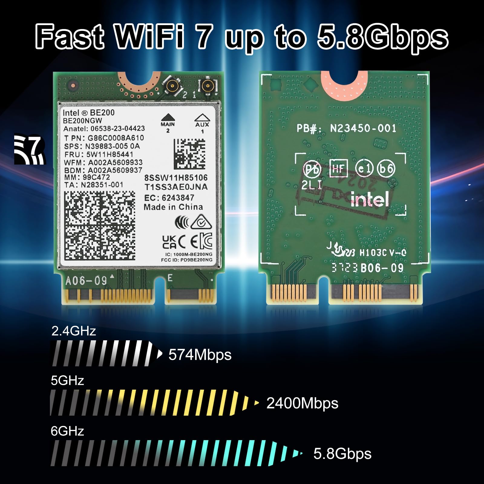 Carte WiFi 7 BE200NGW pour PC Portable, Module M.2/NGFF Key E Intel BE200, Tri-Bande 2,4GHz/5GHz/6GHz Jusqu’à 5,8 Gbps, Bluetooth 5.4, WiFi 7 320MHz, Compatible Windows 11/10 64 Bits, Linux