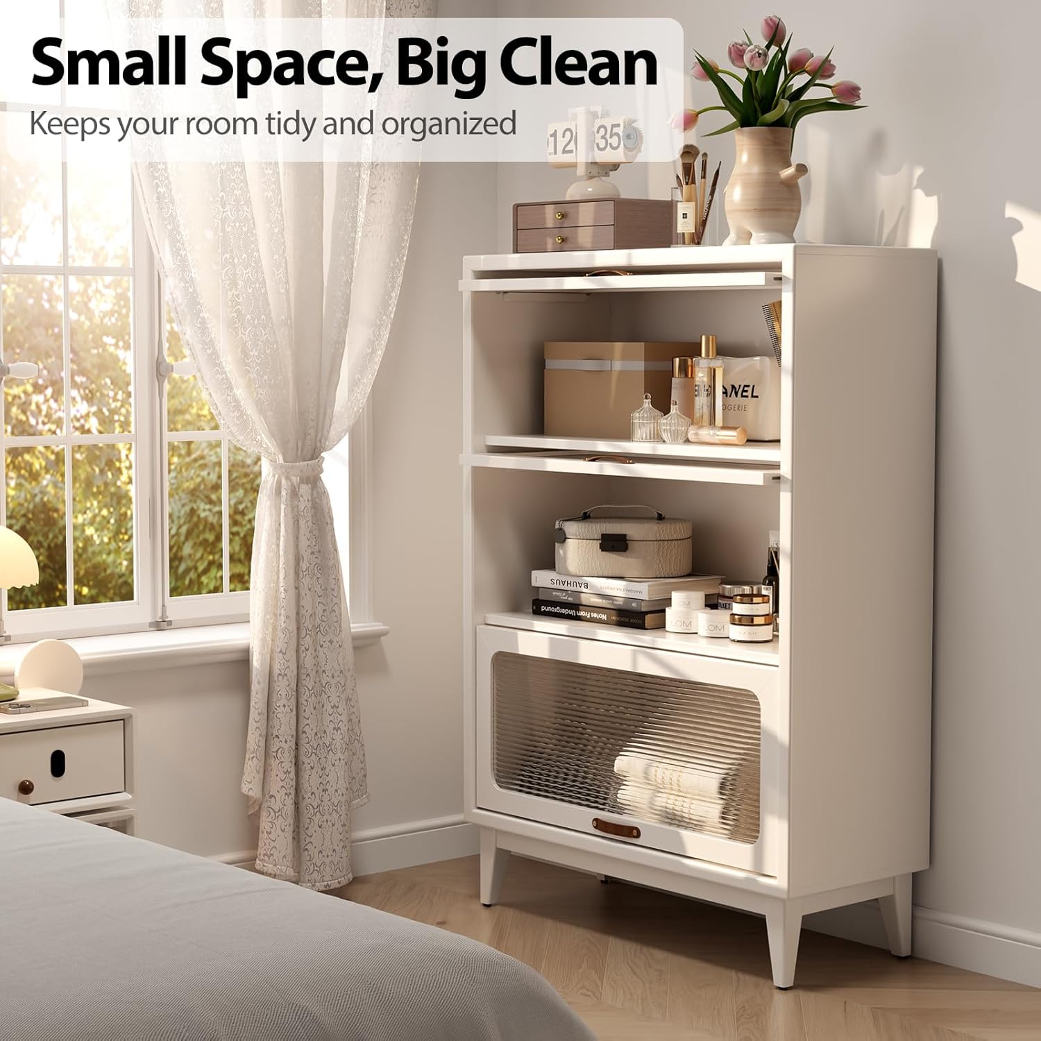 AQIMUELE Solid Wood Storage Cabinet with Glass Doors, 3 Shelf Small Storage Cabinet, Mid Century Modern Bookcase, Kitchen Pantry Cabinet (White, 31.5" W)