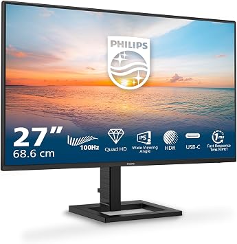 Philips 27E1N1600AM - 27 Zoll Quad HD Monitor, Lautsprecher, höhenverstellbar (2560x1440, 100Hz, 1x HDMI 1.4, 1x USB-C (65W PD), USB Hub) schwarz