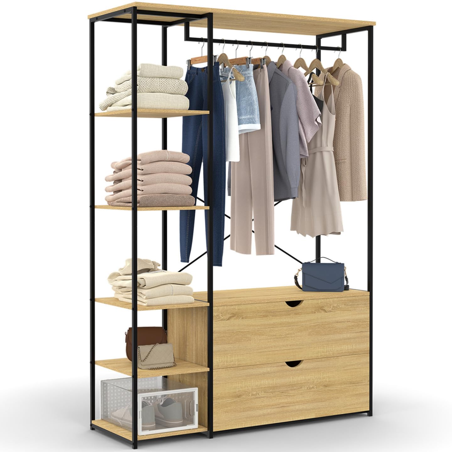 IDMarket - Vestidor armario estantes L. 113 cm DETROIT 2 cajones de diseño industrial