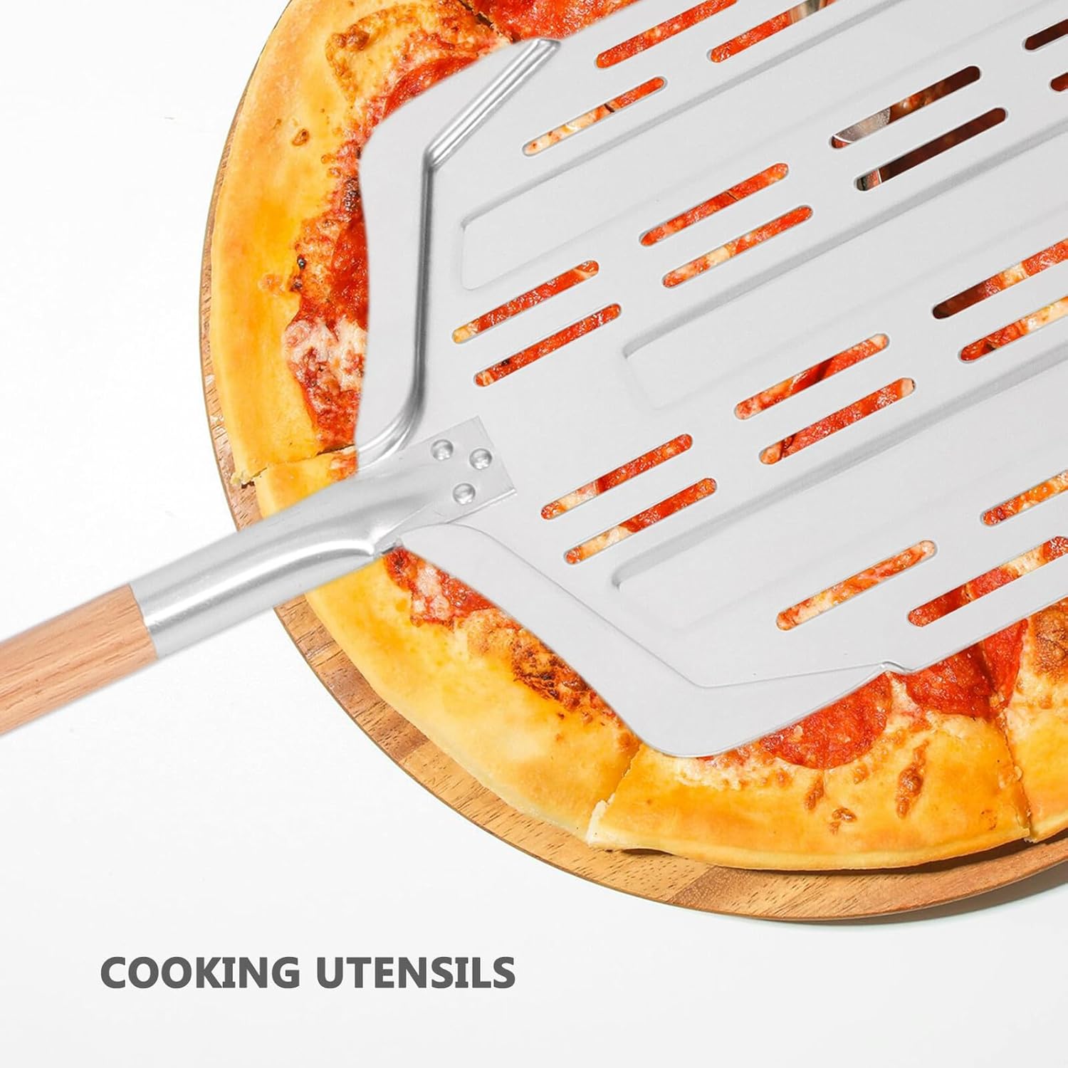 Veemoon Perforated 12-inch Aluminum Pizza Peel with Detachable Handle, 90cm Food Shovel Scoop for Oven and Grill Baking, Lightweight Pizza Turner for Kitchen and Outdoor Use