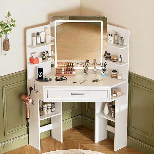 BonVache Coiffeuse d'angle avec Miroir LED, Prises électr…