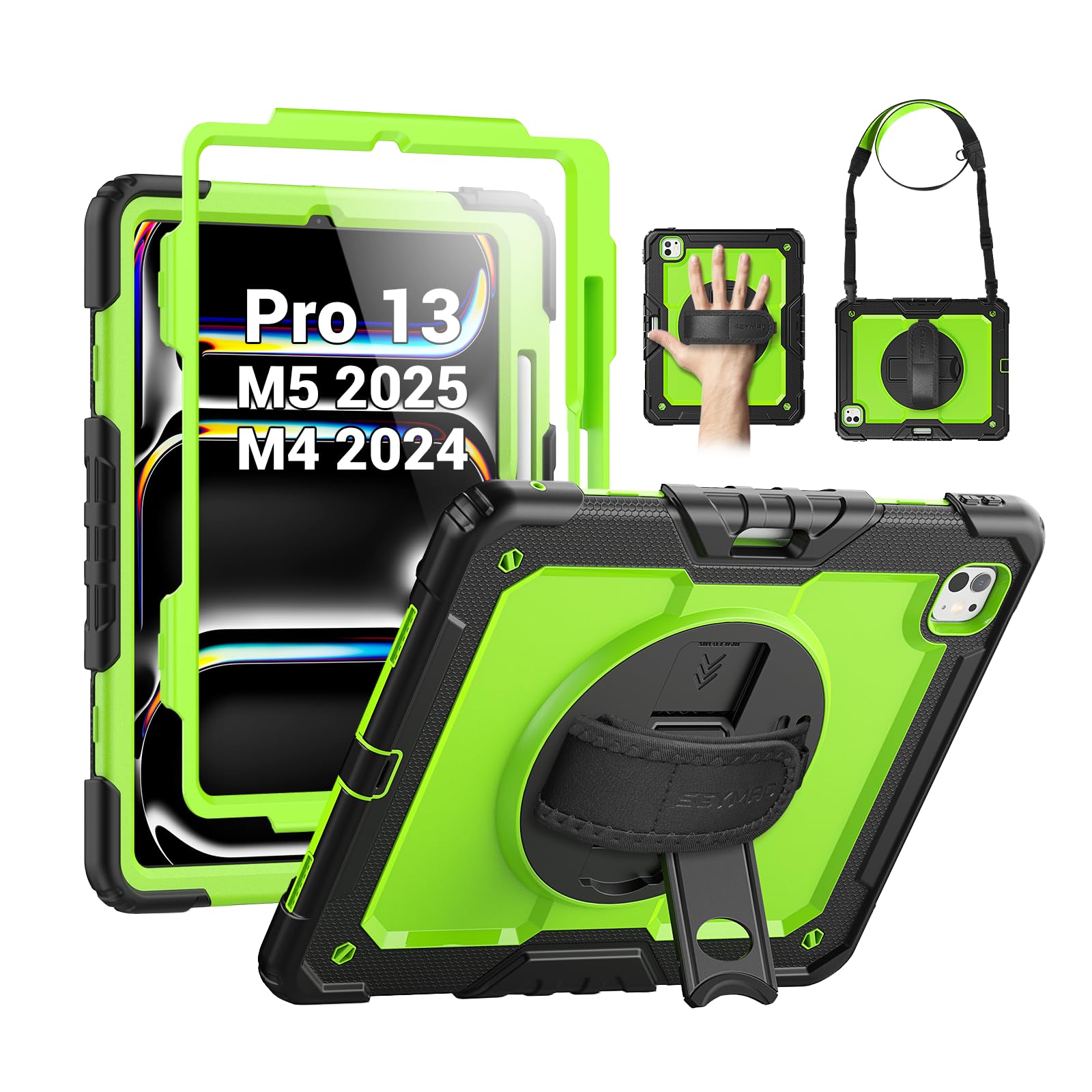 Photo 1 of SEYMAC Case for iPad Pro 13 Inch M5 2025 / M4 2024, Heavy Duty Shockproof Protective Case with Screen Protector, 360° Rotating Stand, Hand/Shoulder Strap and Pen Holder, Green