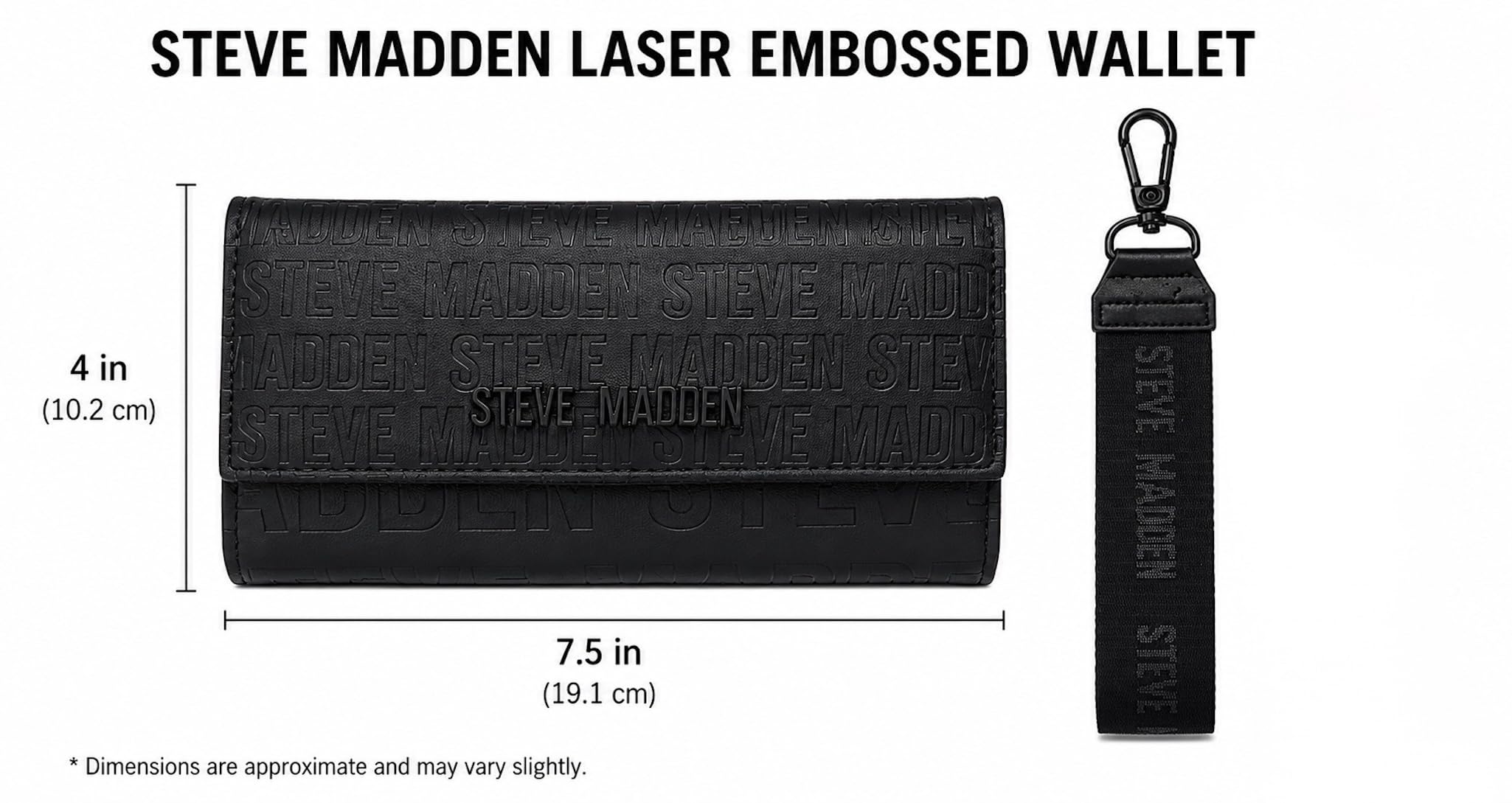 Steve Madden BMASON - Pochette da polso da donna, con logo goffrato, 19,1 x 10,2 cm, Nero/nero, Taglia unica, Pochette da polso
