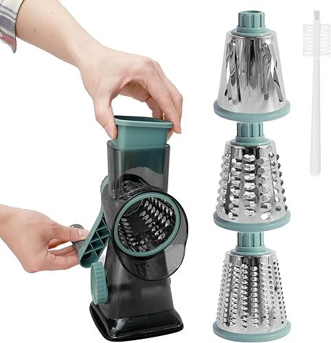 Miniatura 8 de 1 juego de rallador de queso giratorio con mango eficiente triturador de queso con 3 cuchillas intercambiables, trituradora de queso manual rotativa