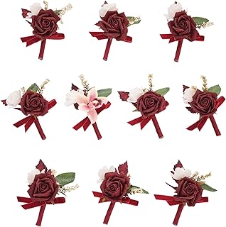 TINGE TIME Boutonniere for Men Wedding,Groom and Best Man Boutonniere for Wedding Ceremony Anniversary, Formal Dinner Party and Rustic Spring Wedding Marriage (10, Burgundy)
