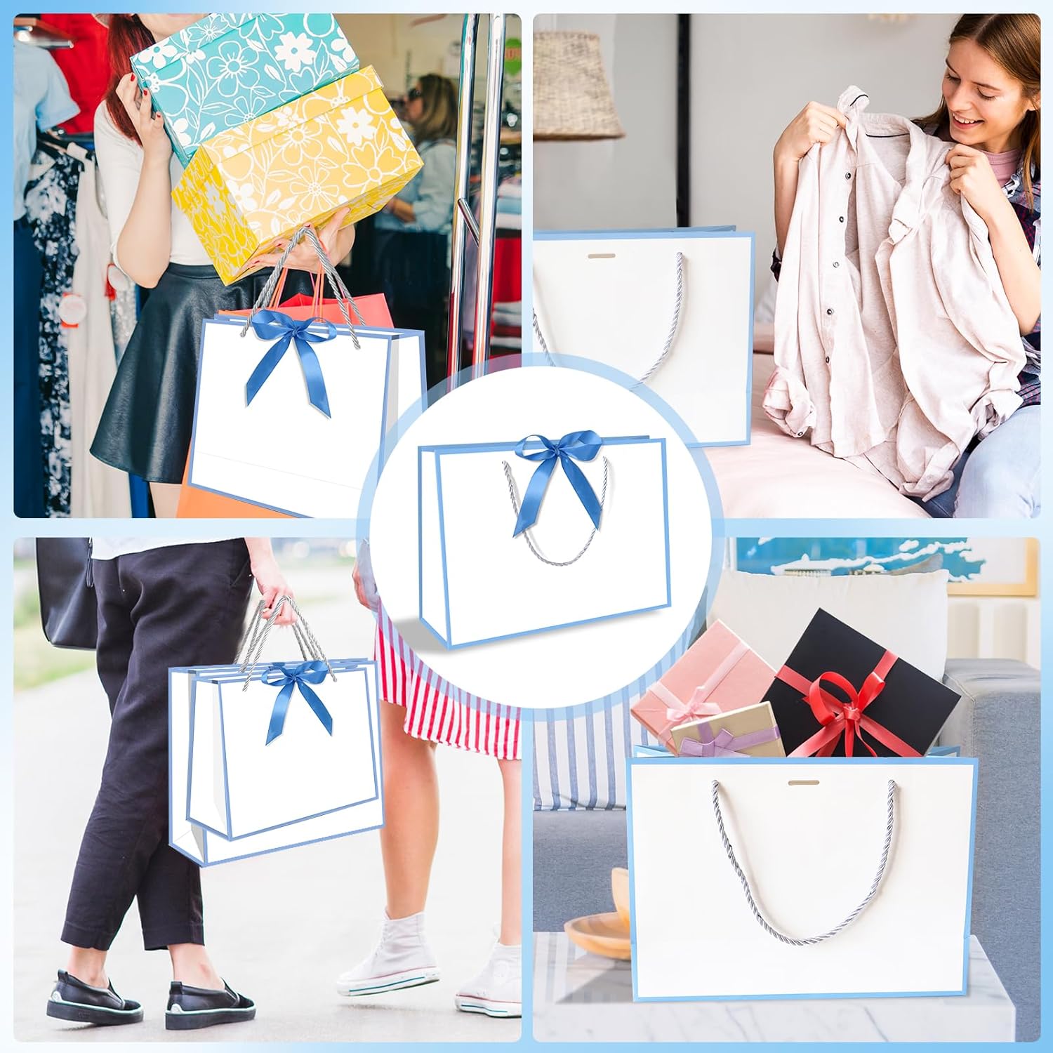 5 | 12 | 25 | 50 Pack Gift Bag with Bow Ribbon Horizontal Paper Gift Bags Bulk for Women Men,with Handles for Birthday Wedding Bridesmaid Party Favor Shopping Retail Gift Sacks (Sky blue, 11x4x8 Inch (Pack of 50))